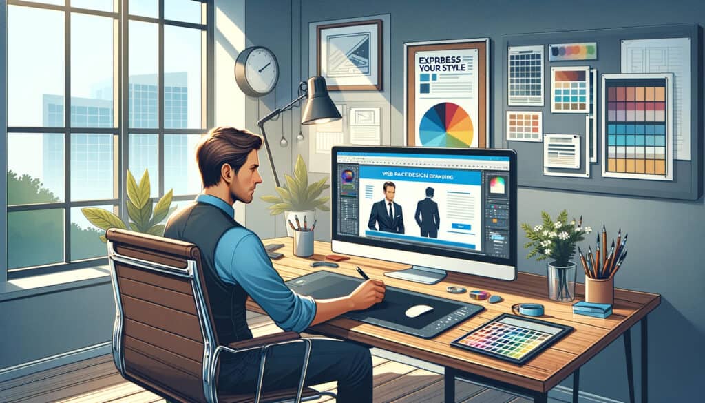 Creative professional designing a business website layout on a computer in a well-organized workspace
